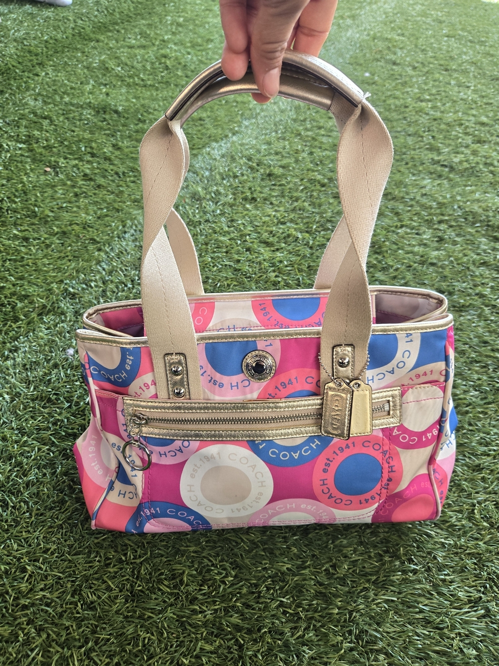 Coach Pink & Blue Printed Tote with Gold Accents